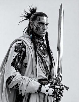 The primary subject of the image is a man dressed in a white robe, wearing a sword and holding a shield. He appears to be a warrior or a character from a fantasy story. The setting is a white background, which provides a clean and minimalist look to the image. The visual style is a combination of digital art and illustration, creating a detailed and intricate representation of the man and his attire. The colors and mood of the image are predominantly white, giving it a clean and serene atmosphere